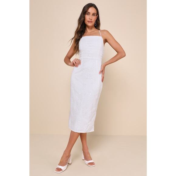 Lulus NWT Celebratory Beauty White Mesh Embroidered Sequin Lace-Up Midi Dress - Picture 1 of 10